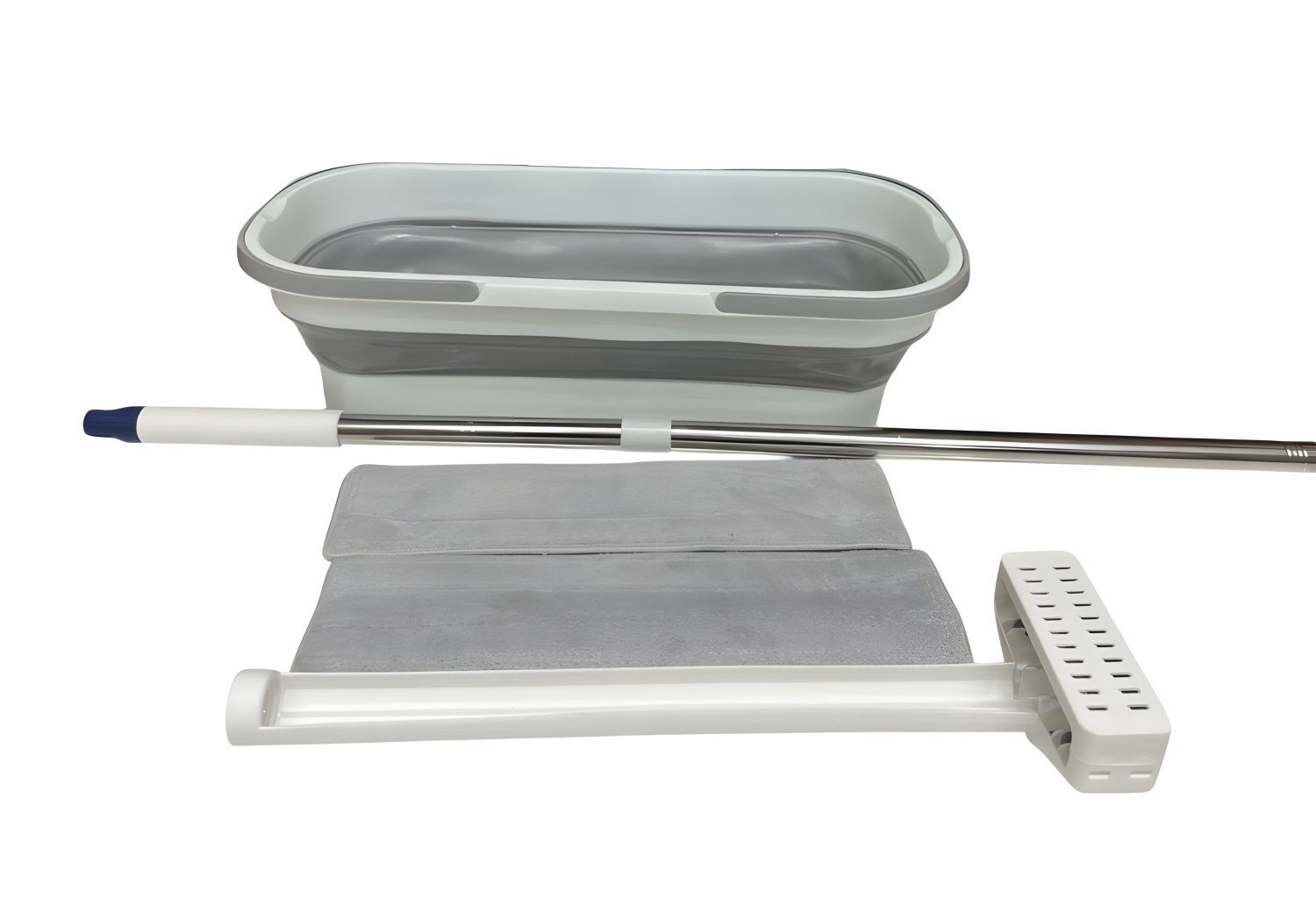 Flat Floor Mop with Collapsible Bucket and Self-Wringing System