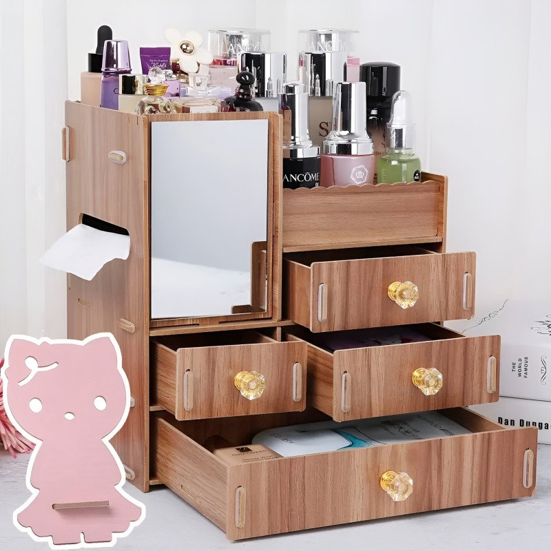 Multi-Layer Wooden Makeup Organizer with Mirror & Tissue Box