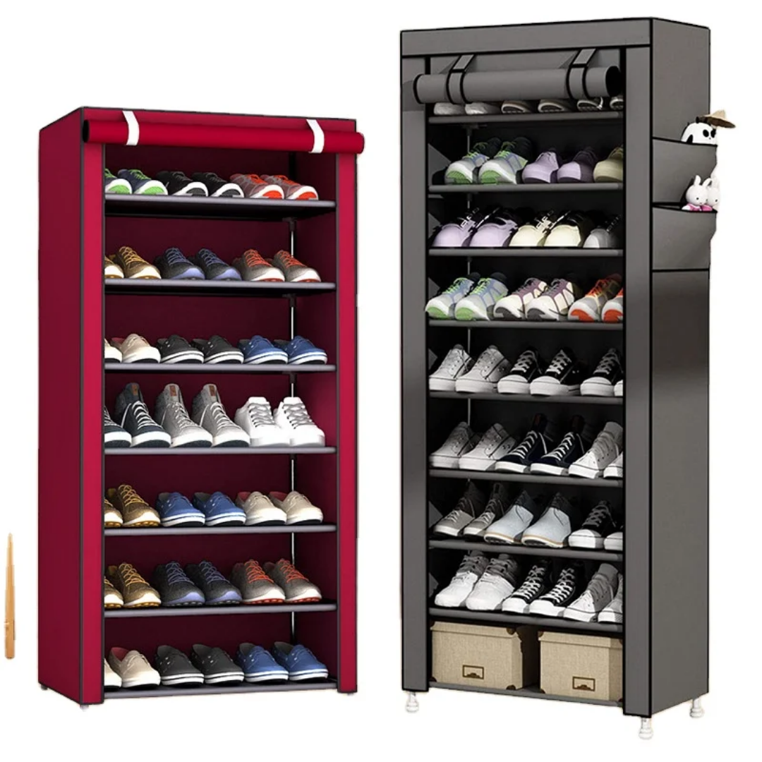 Portable Multi-Layer Fabric Shoe Rack: Space-Saving Wardrobe with Dustproof Cover & Side Pockets