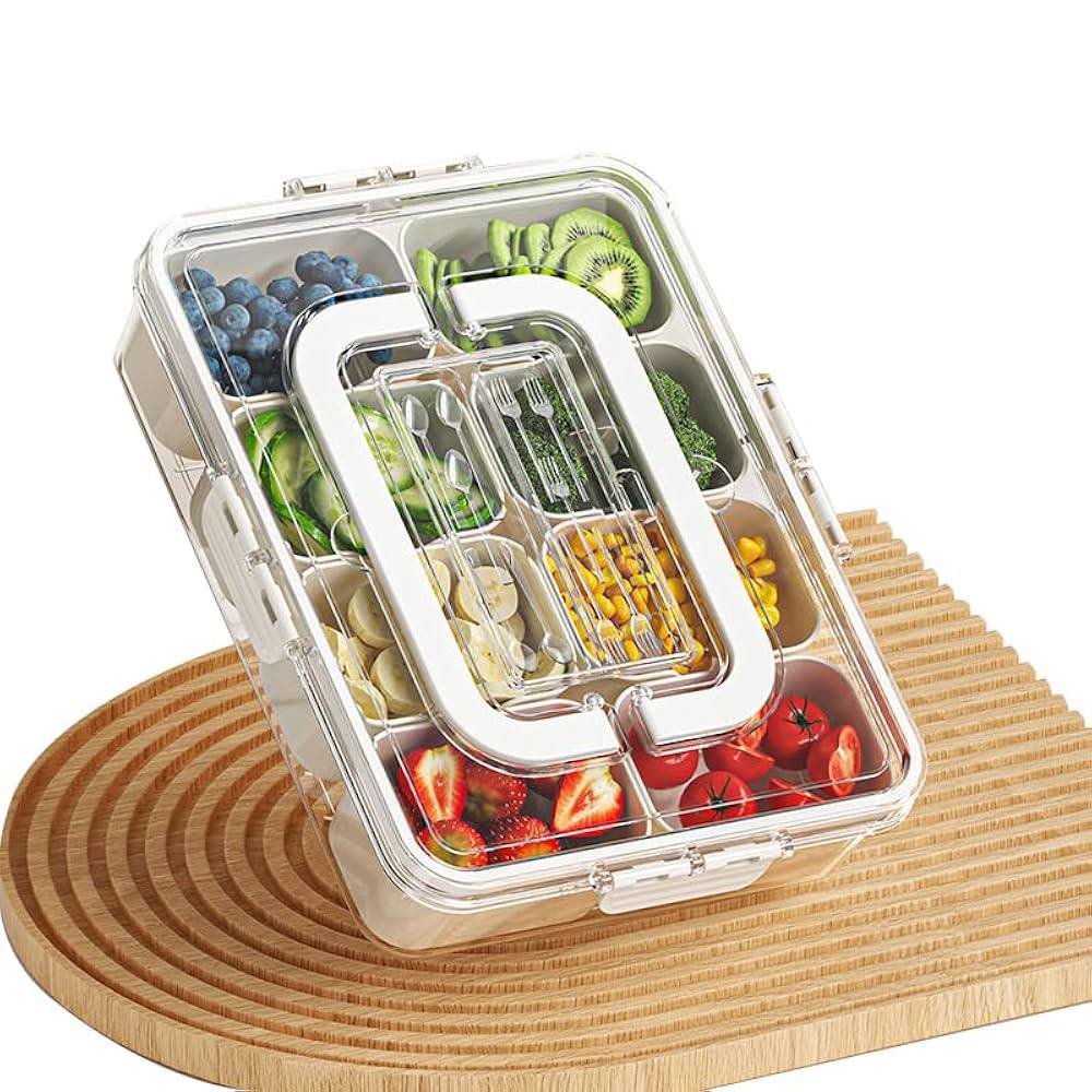 Large 8-Compartment Food Organizer with Integrated Carry Handle & Drain Baskets
