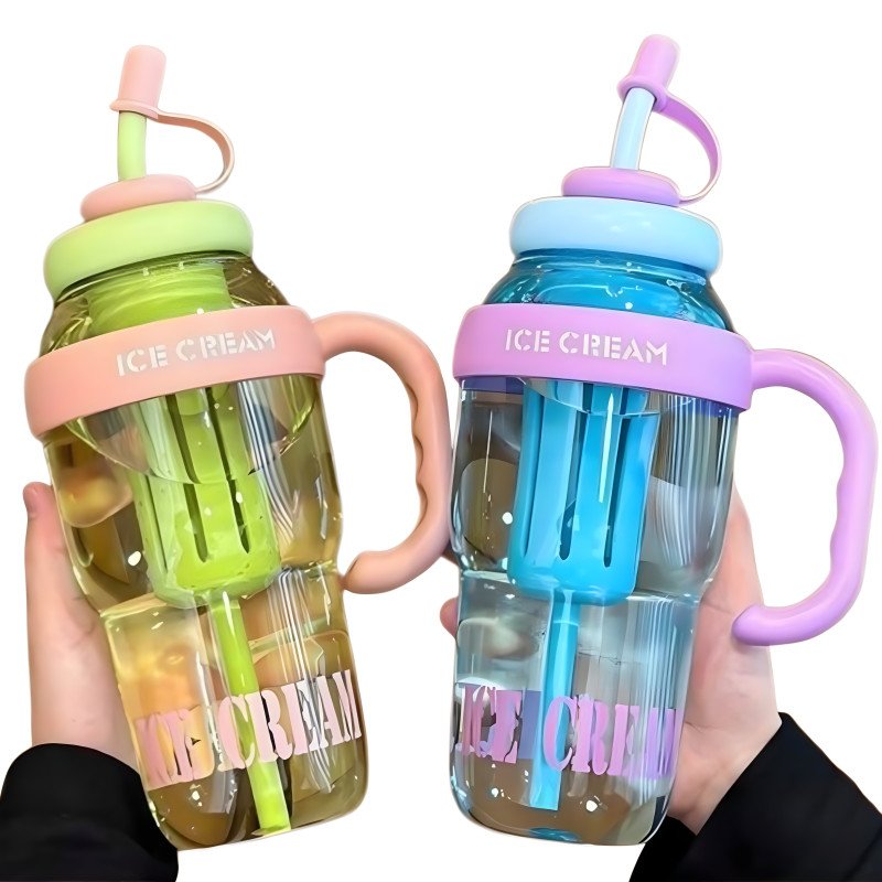 Ice Cream Style Portable Water Bottle with Straw and Handle