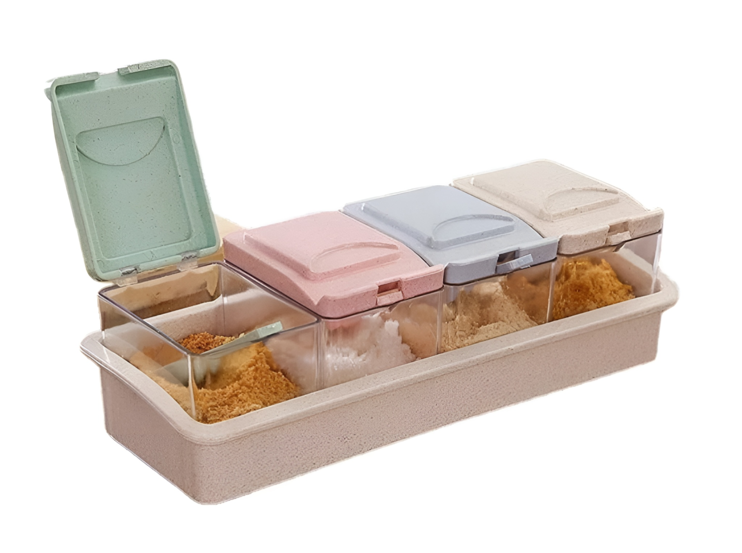 4-Piece Kitchen Spice Organizer Set with Individual Spoons and Moisture-Proof Tray