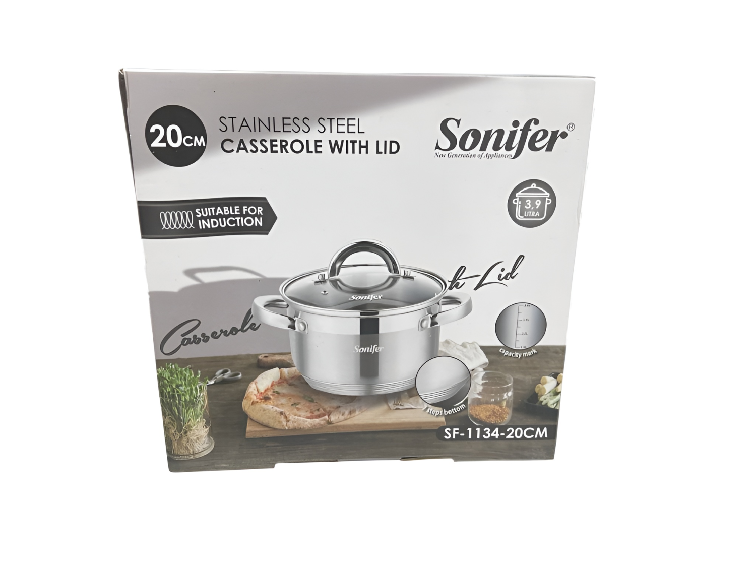 Sonifer SF-1134 20CM Stainless Steel Casserole With Glass Lid