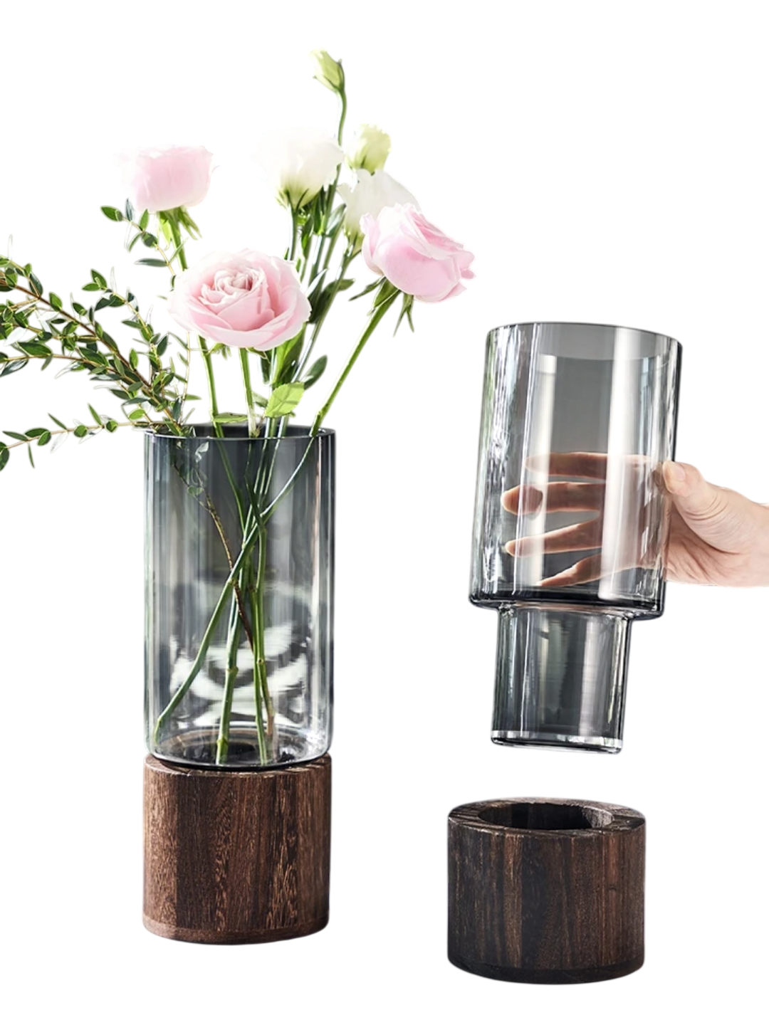 Modern Glass Vase with Cylindrical Wooden Base
