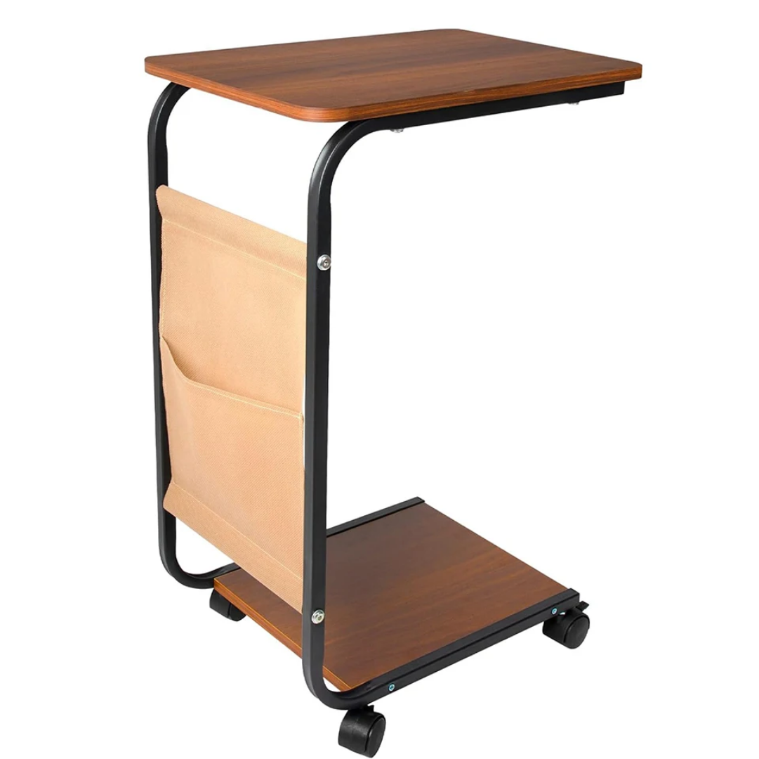 C-Shaped Mobile End Table with Storage Pocket & Rolling Wheels