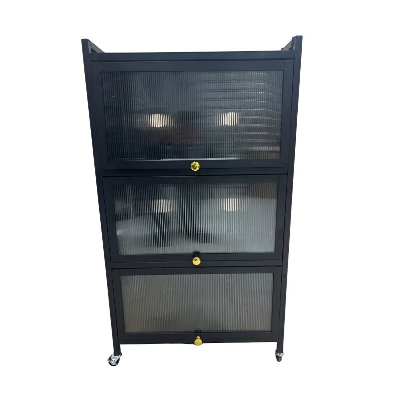 Modern 3-Tier Mobile Storage Cabinet with Fluted Glass Doors