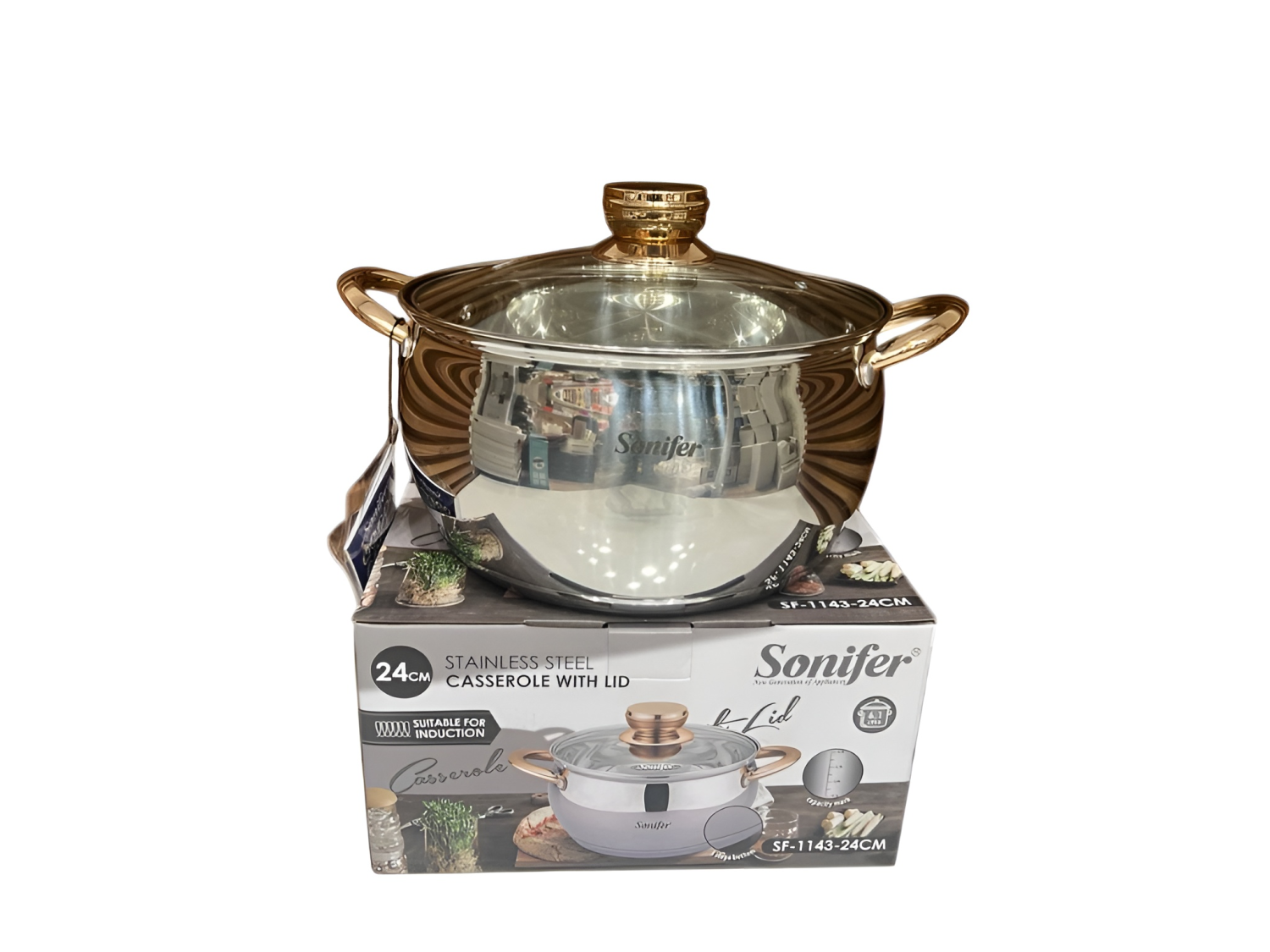 Sonifer 24cm Stainless Steel Casserole with Glass Lid 6.1L