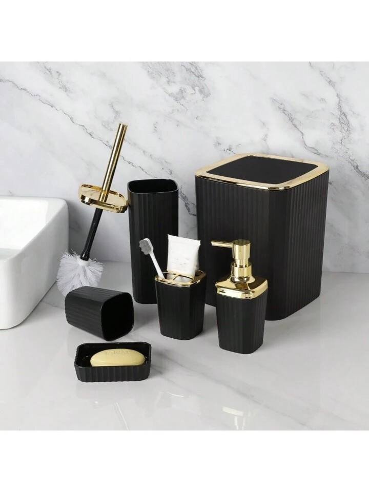 6-Piece Luxury Ribbed Bathroom Accessories Set with Gold Accents